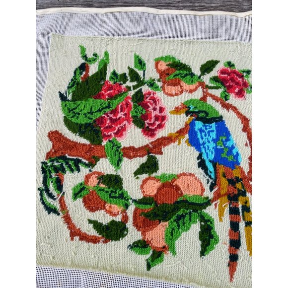Vintage completed Needlepoint Picture Unframed Bird Flowers - Picture 2 of 11